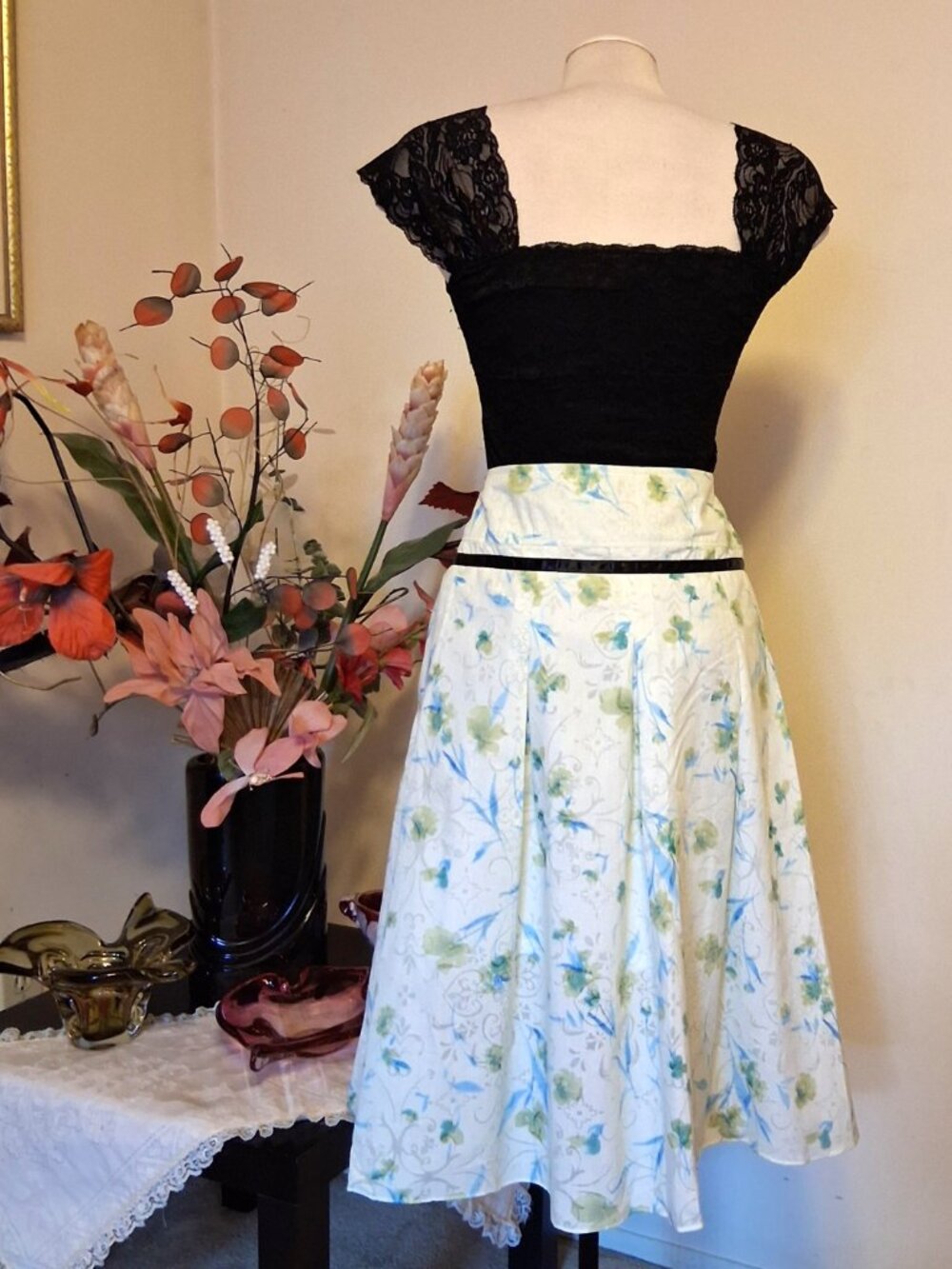 Floral Pleated Lined Midi Skirt A-Line Flared Quality Green Summer Skirts 12 - Picture 3 of 10